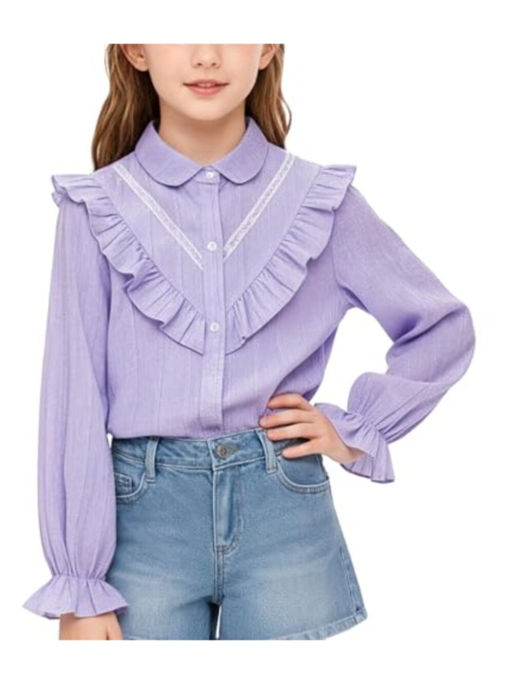 Girls Cotton Blouse with Layered Ruffles and Puff Sleeves, Button Down